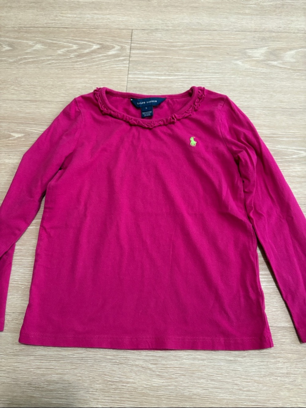 Ralph Lauren Long-Sleeve Ruffle Neck Tee in Fuchsia with green Pony